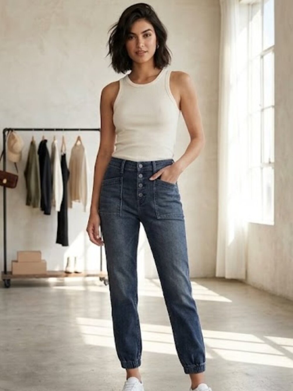 Veronica Beard EUC Black High-Rise Button-Front Denim Joggers